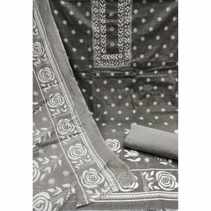 Grey Printed With Mirror Work Pure Cotton Dress Material