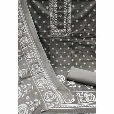 Grey Printed With Mirror Work Pure Cotton Dress Material