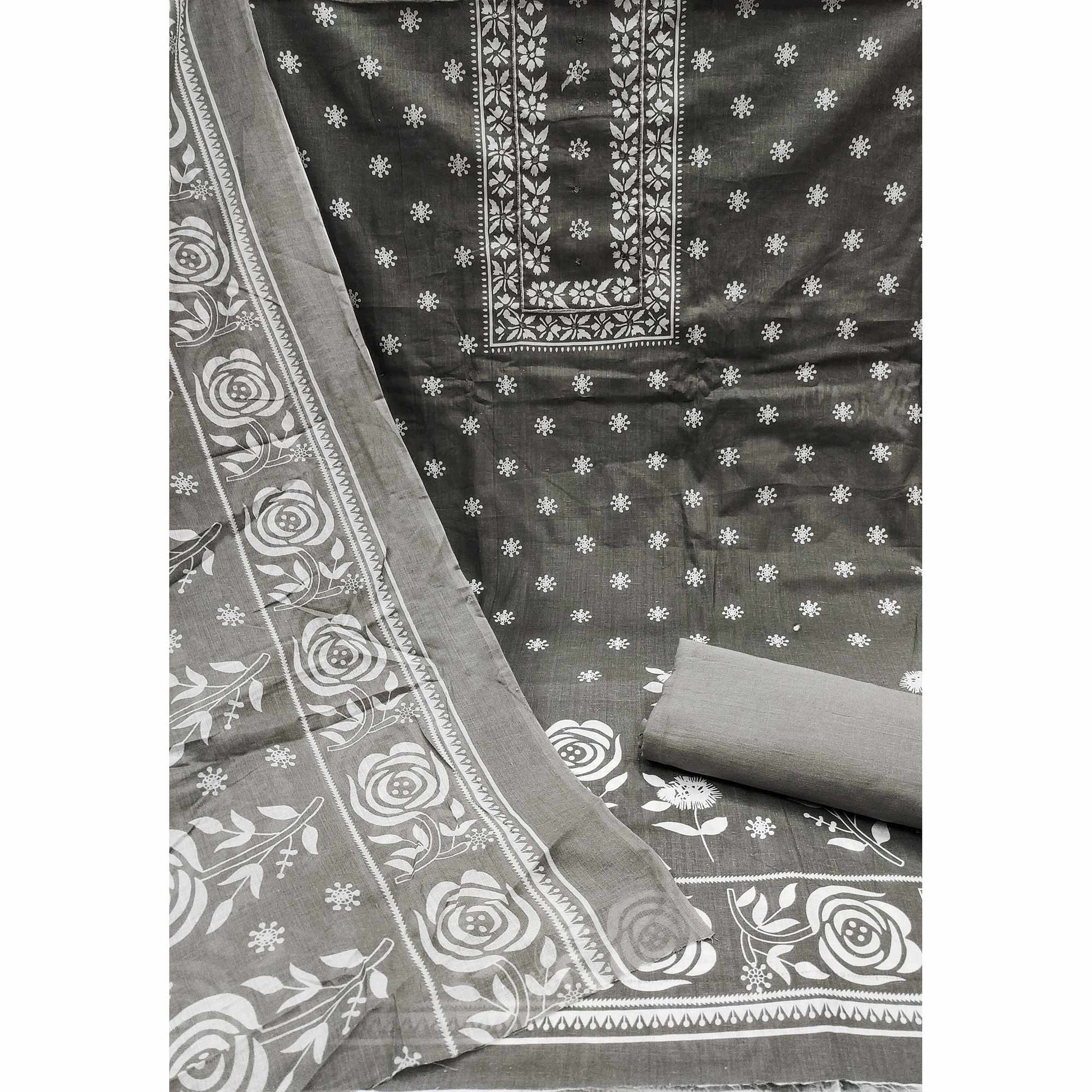 Grey Printed With Mirror Work Pure Cotton Dress Material