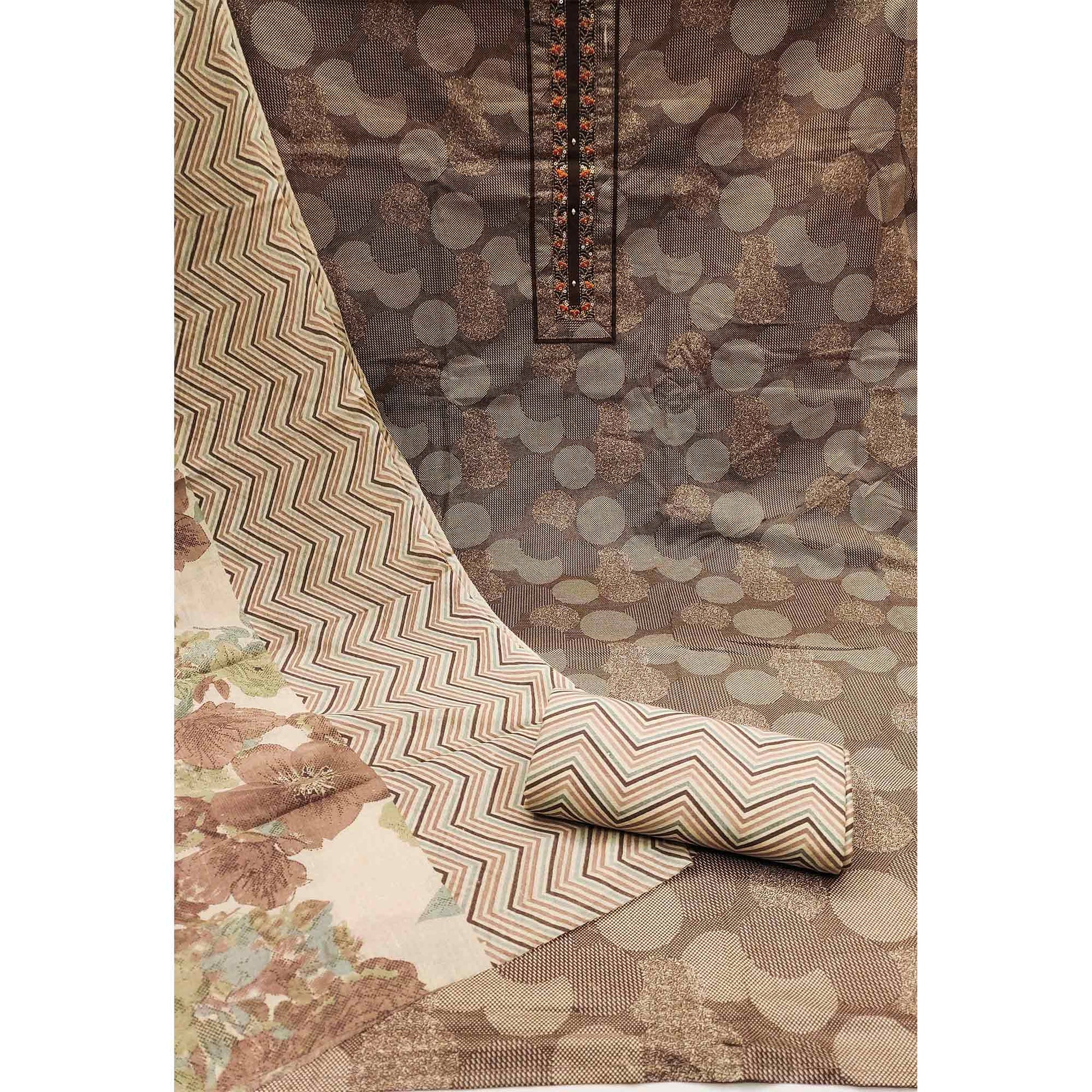 Brown Printed Pure Cotton Dress Material