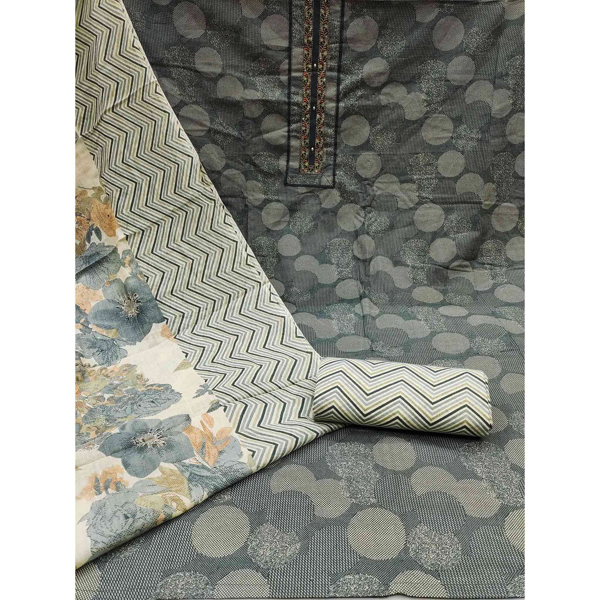 Grey Printed Pure Cotton Dress Material