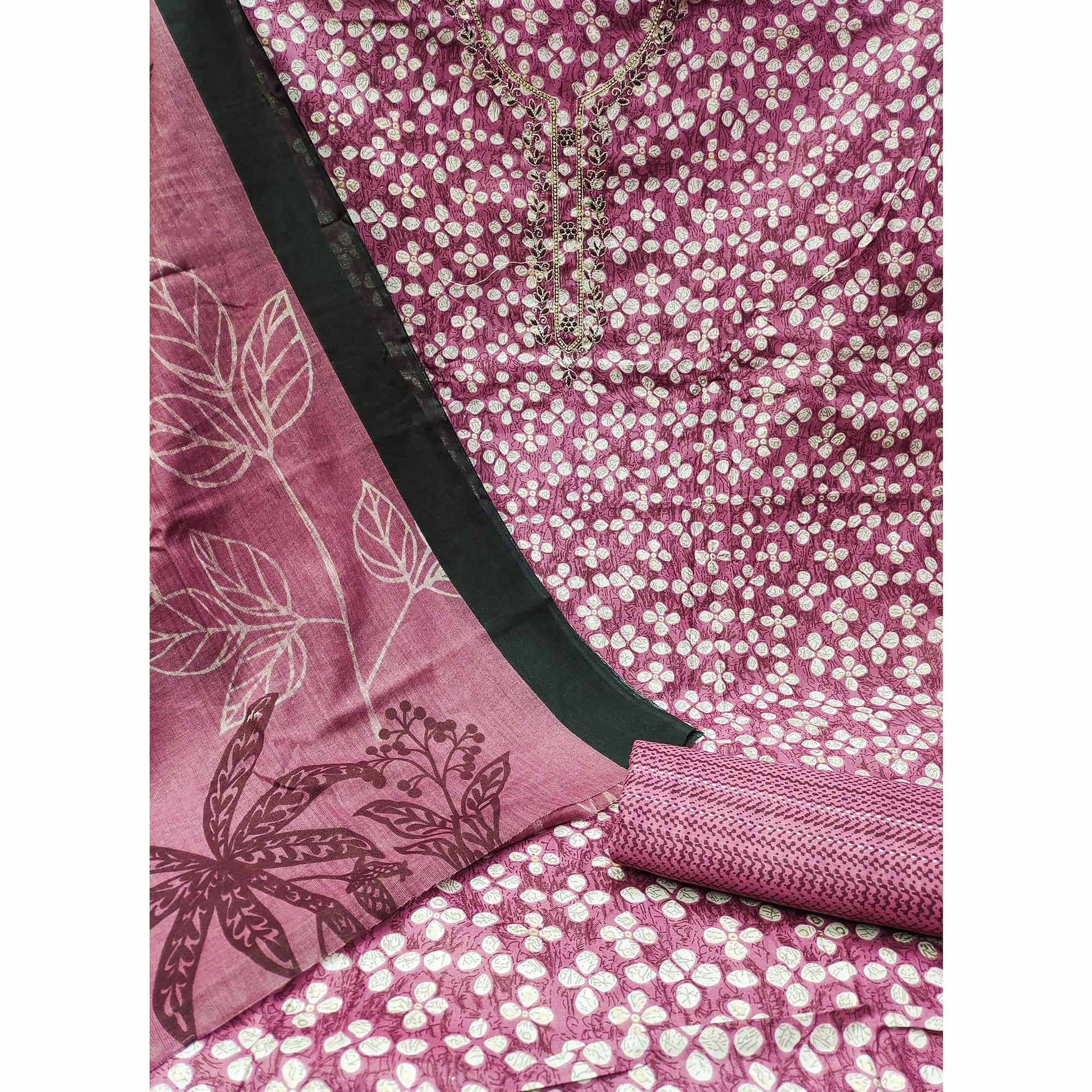 Mauve Floral Printed Pure Cotton Dress Material
