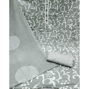 Grey Printed With Handwork Pure Cotton Dress Material