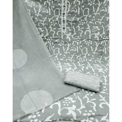 Grey Printed With Handwork Pure Cotton Dress Material
