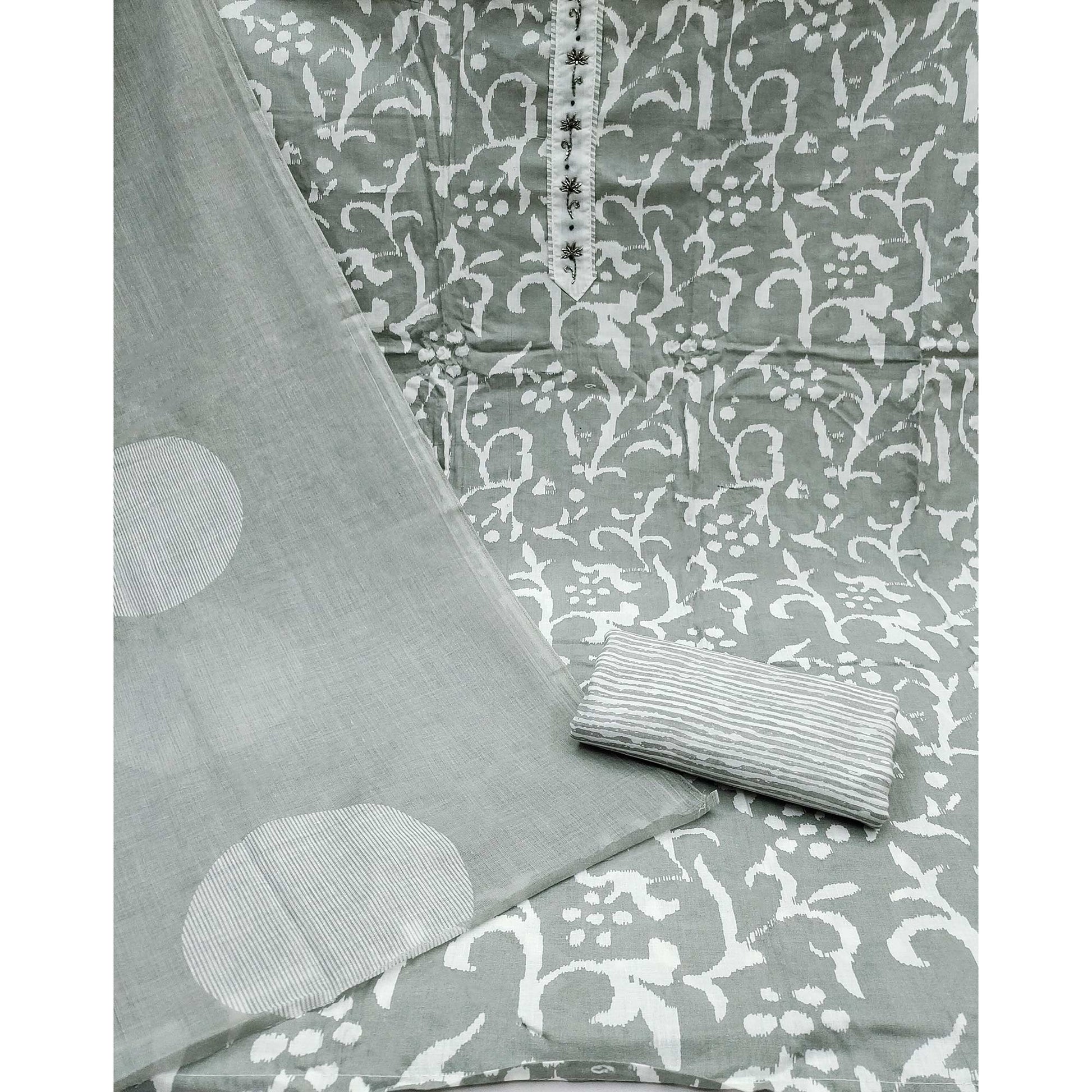 Grey Printed With Handwork Pure Cotton Dress Material