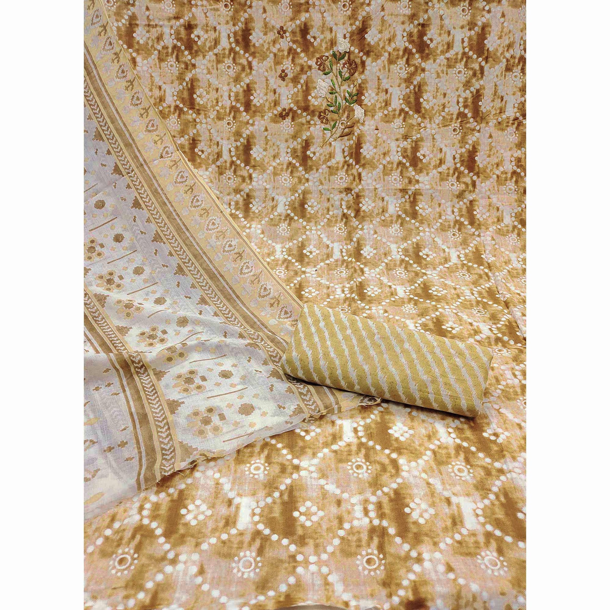 Brown Printed With Floral Embroidery Pure Cotton Dress Material
