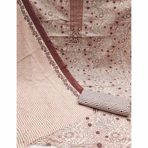 Light Brown Floral Printed With Embroidery Pure Cotton Dress Material