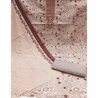 Light Brown Floral Printed With Embroidery Pure Cotton Dress Material