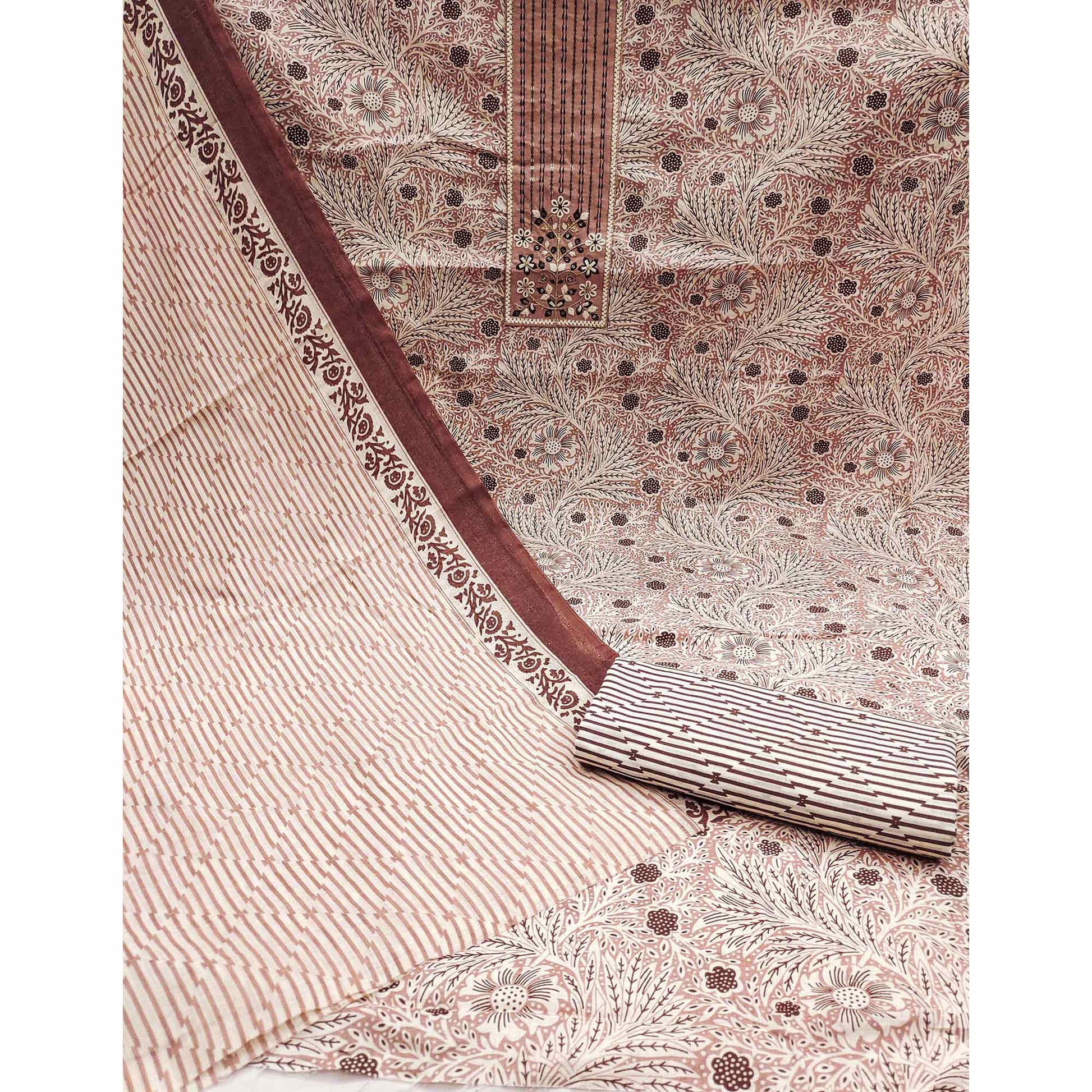 Light Brown Floral Printed With Embroidery Pure Cotton Dress Material