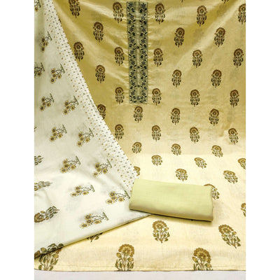 Light Yellow Floral Printed With Embroidery Pure Cotton Dress Material