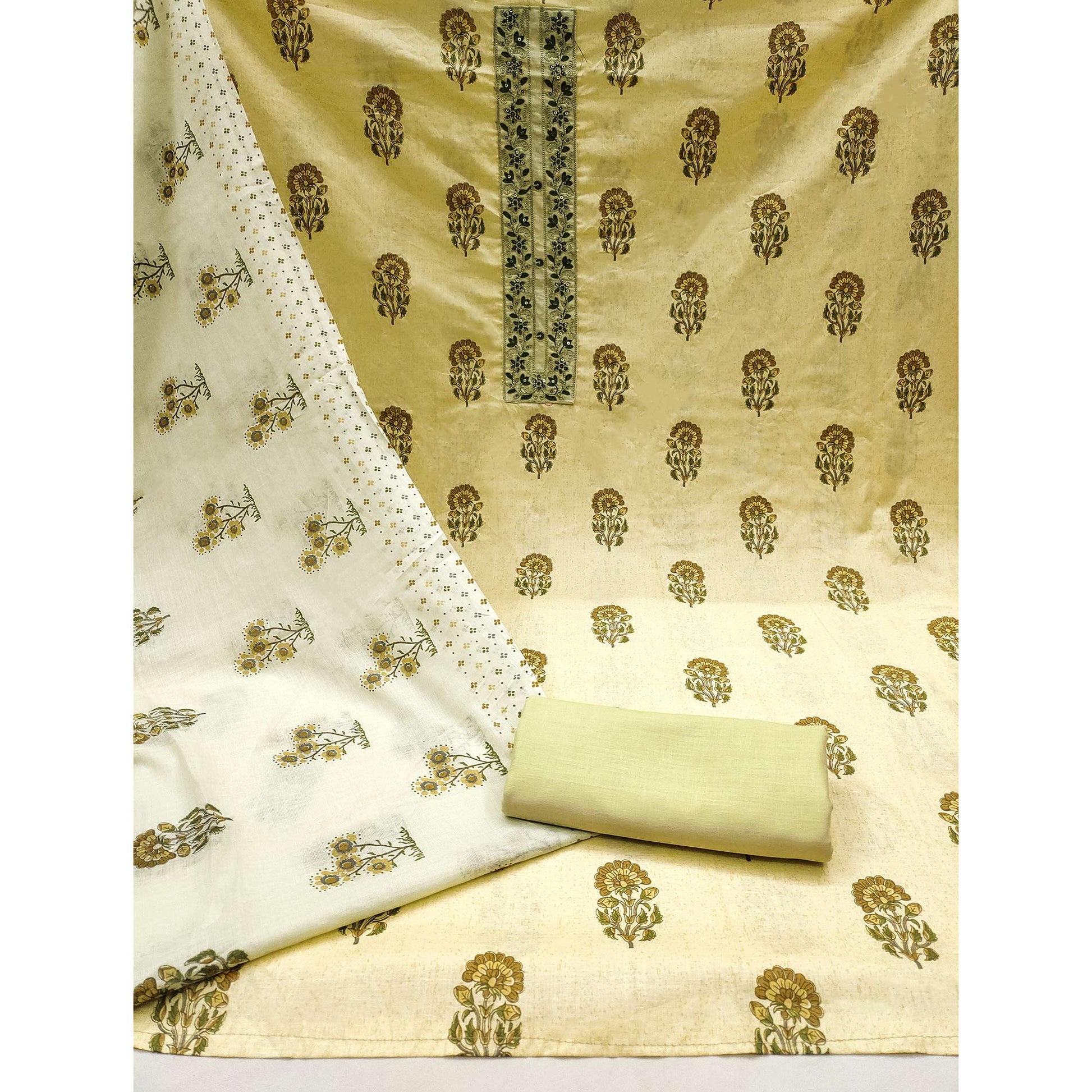 Light Yellow Floral Printed With Embroidery Pure Cotton Dress Material