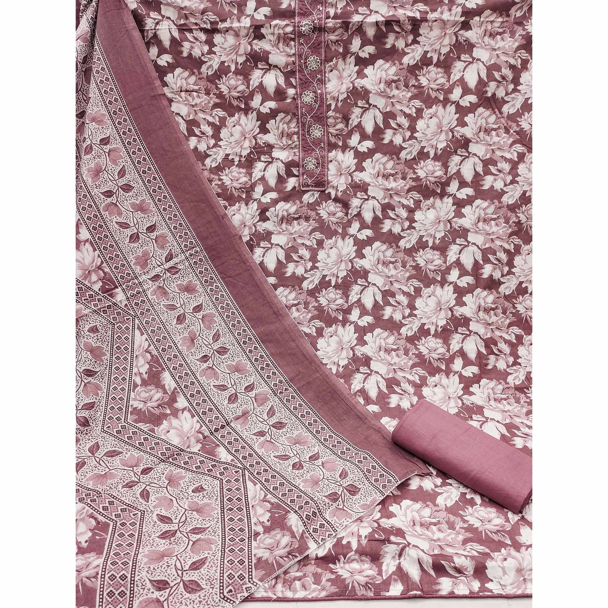 Mauve Floral Printed Pure Cotton Dress Material