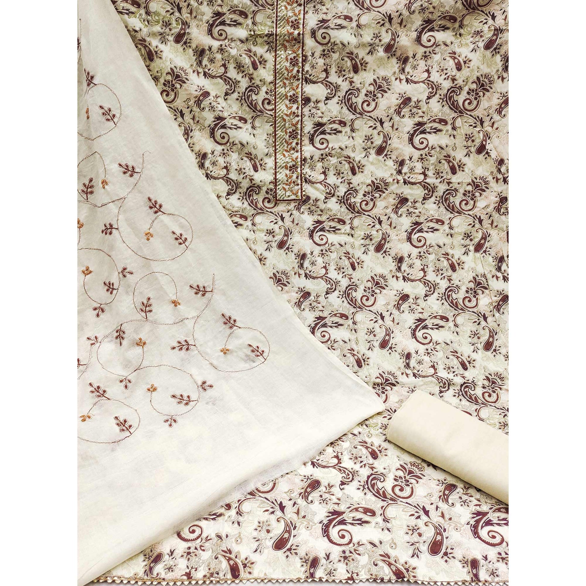 Cream & Wine Floral Printed Pure Cotton Dress Material