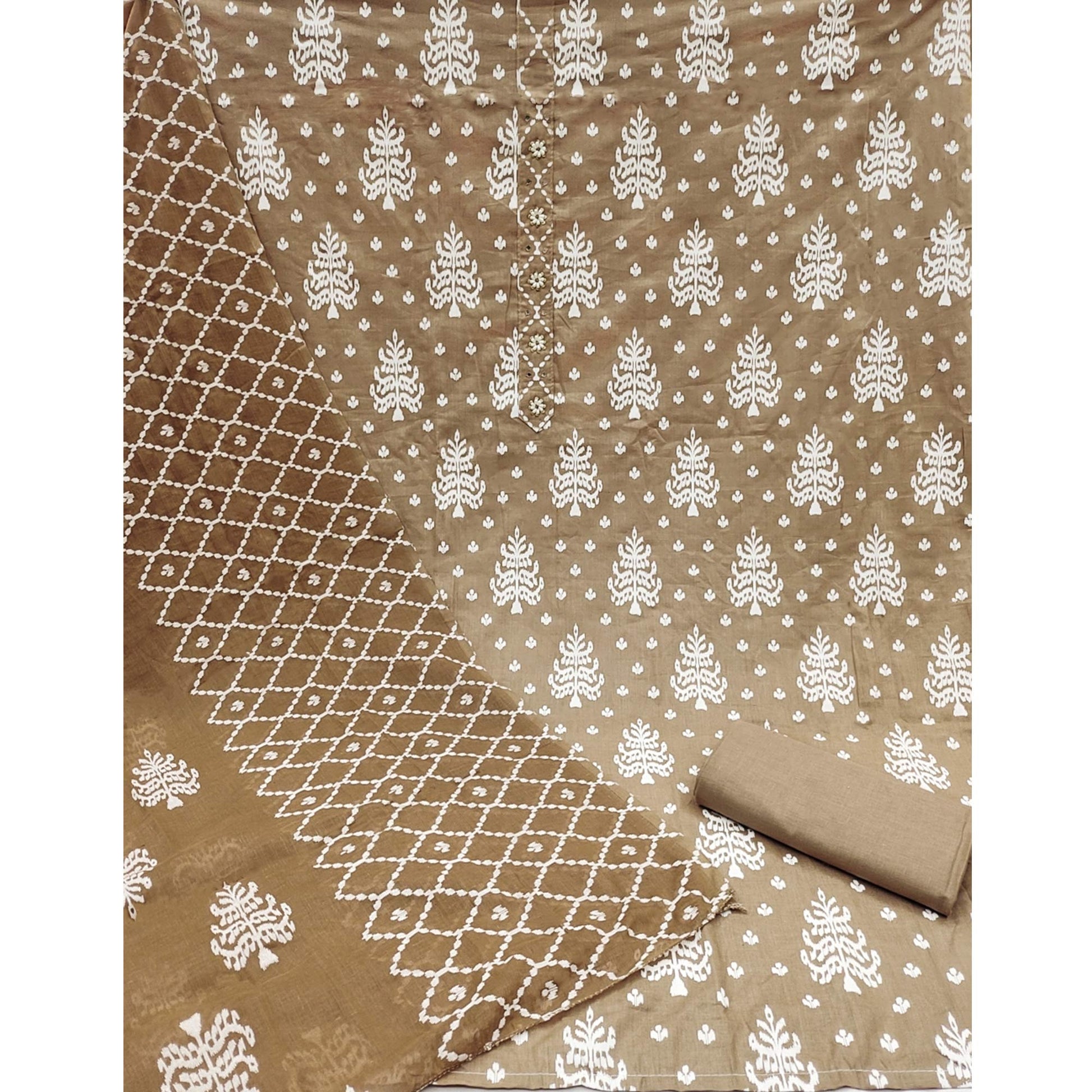 Brown Floral Printed Pure Cotton Dress Material