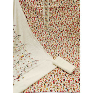 Cream Floral Printed With Embroidered Pure Cotton Dress Material