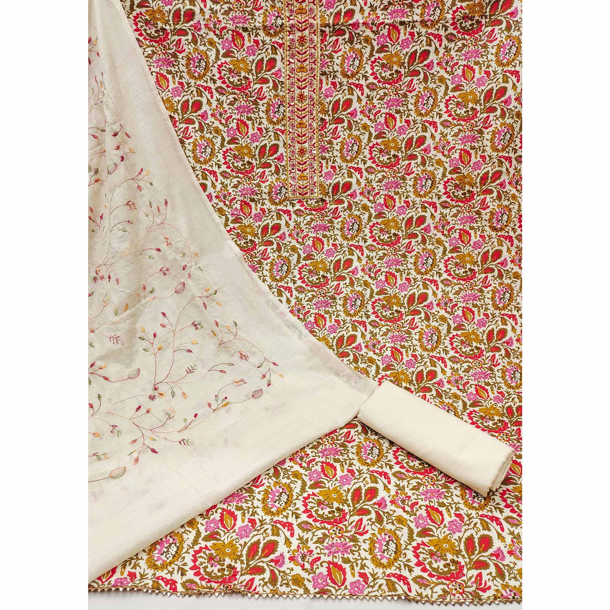 Multicolor Floral Printed With Embroidered Pure Cotton Dress Material