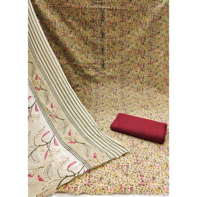Light Green Floral Printed With Handwork Pure Cotton Dress Material