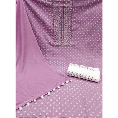 Lavender Geometric Printed With Embroidered Pure Cotton Dress Material