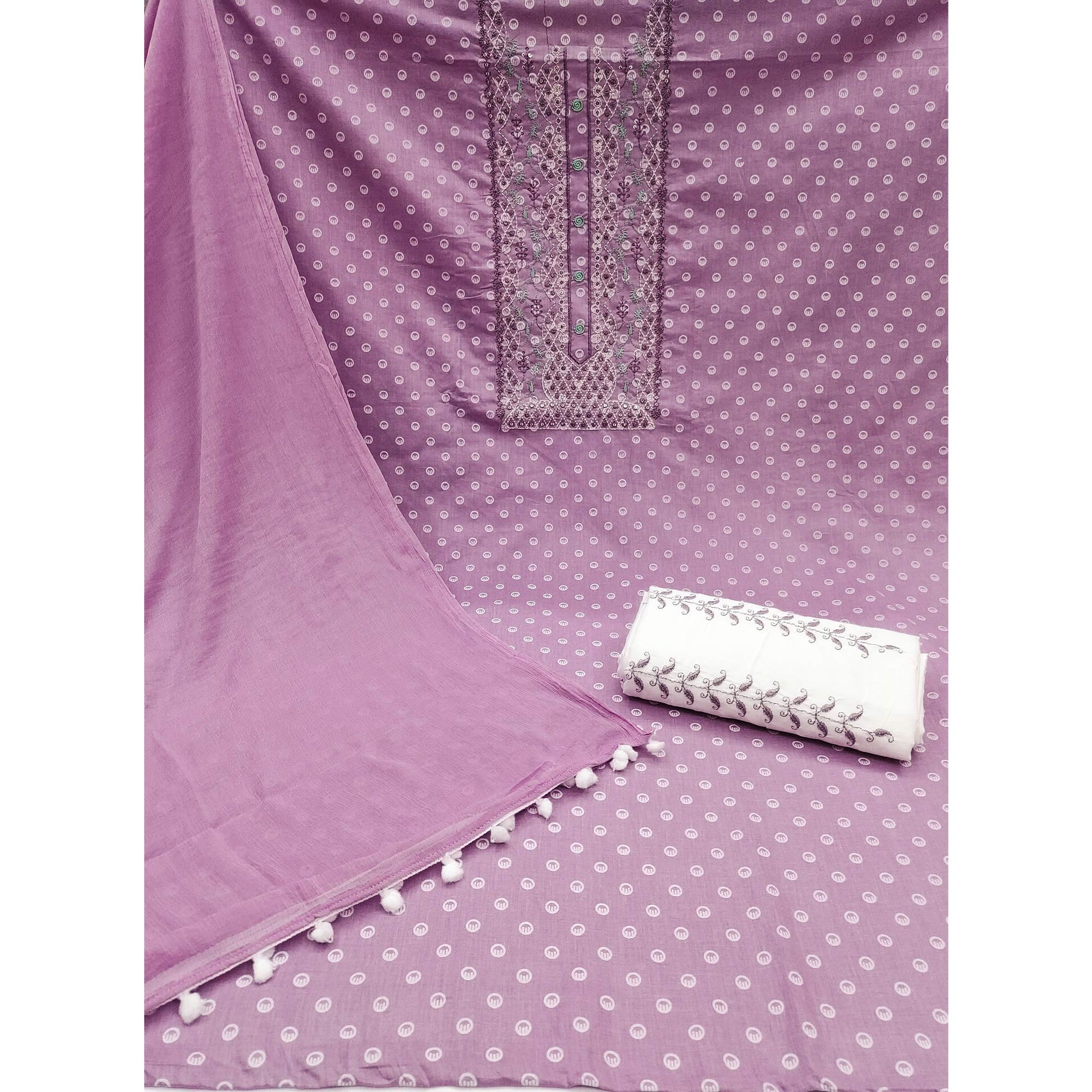 Lavender Geometric Printed With Embroidered Pure Cotton Dress Material
