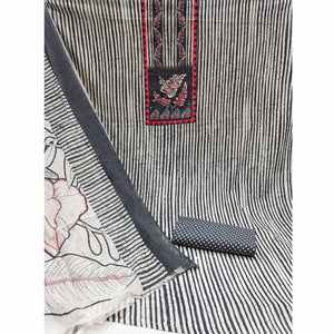 Grey Striped Printed With Embroidered Pure Cotton Dress Material