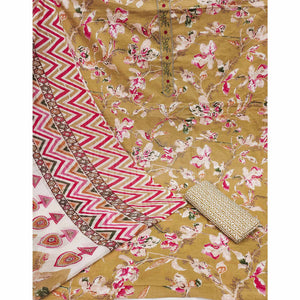 Chikoo Floral Printed With Embroidered Pure Cotton Dress Material