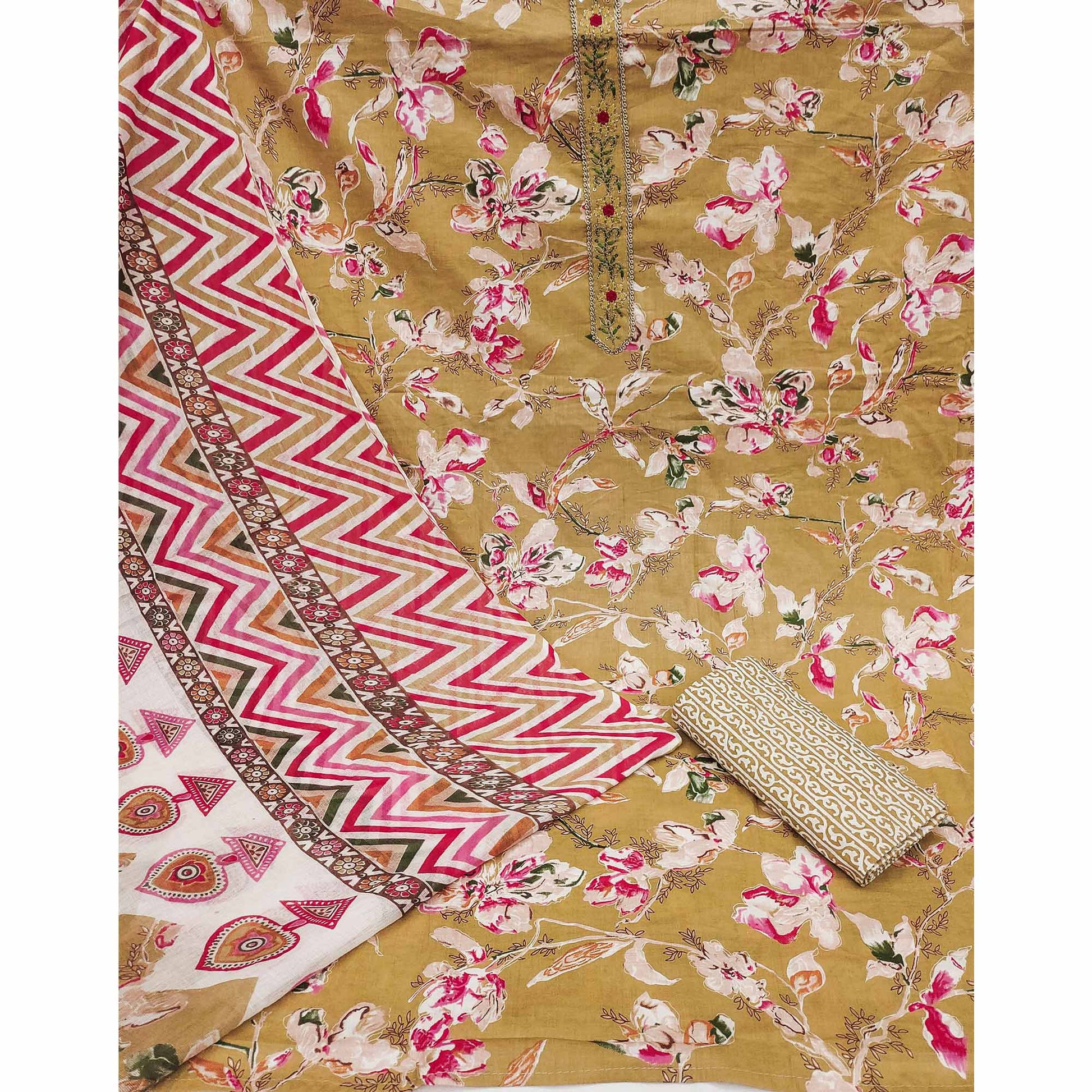 Chikoo Floral Printed With Embroidered Pure Cotton Dress Material