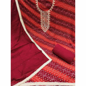 Maroon Bandhani Printed With Embroidered Rayon Dress Material