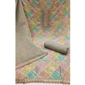 Grey Sequins With Hand Embroidered Muslin Dress Material