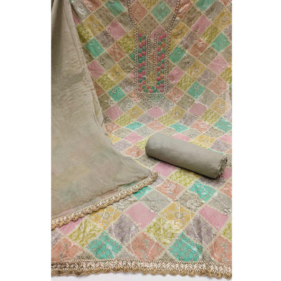 Grey Sequins With Hand Embroidered Muslin Dress Material