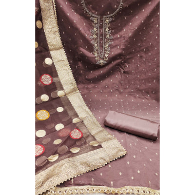Mauve Hand Embroidered Chanderi Dress Material