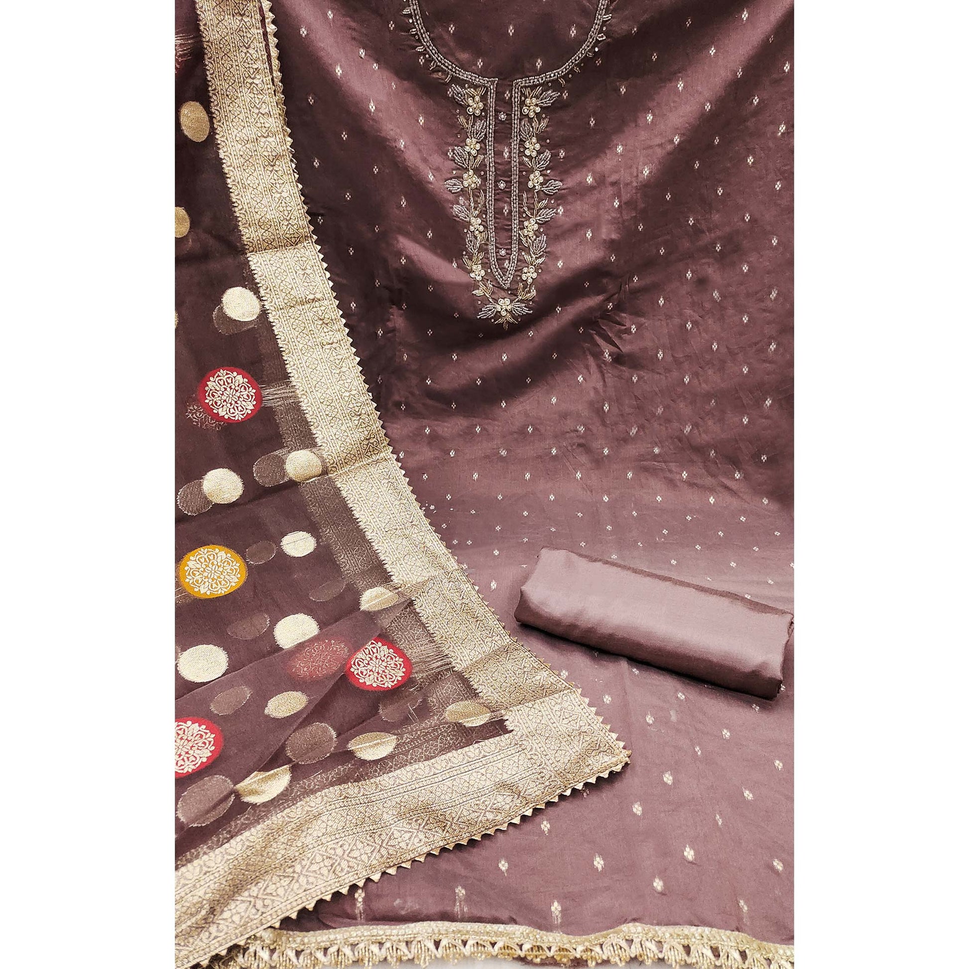 Mauve Hand Embroidered Chanderi Dress Material