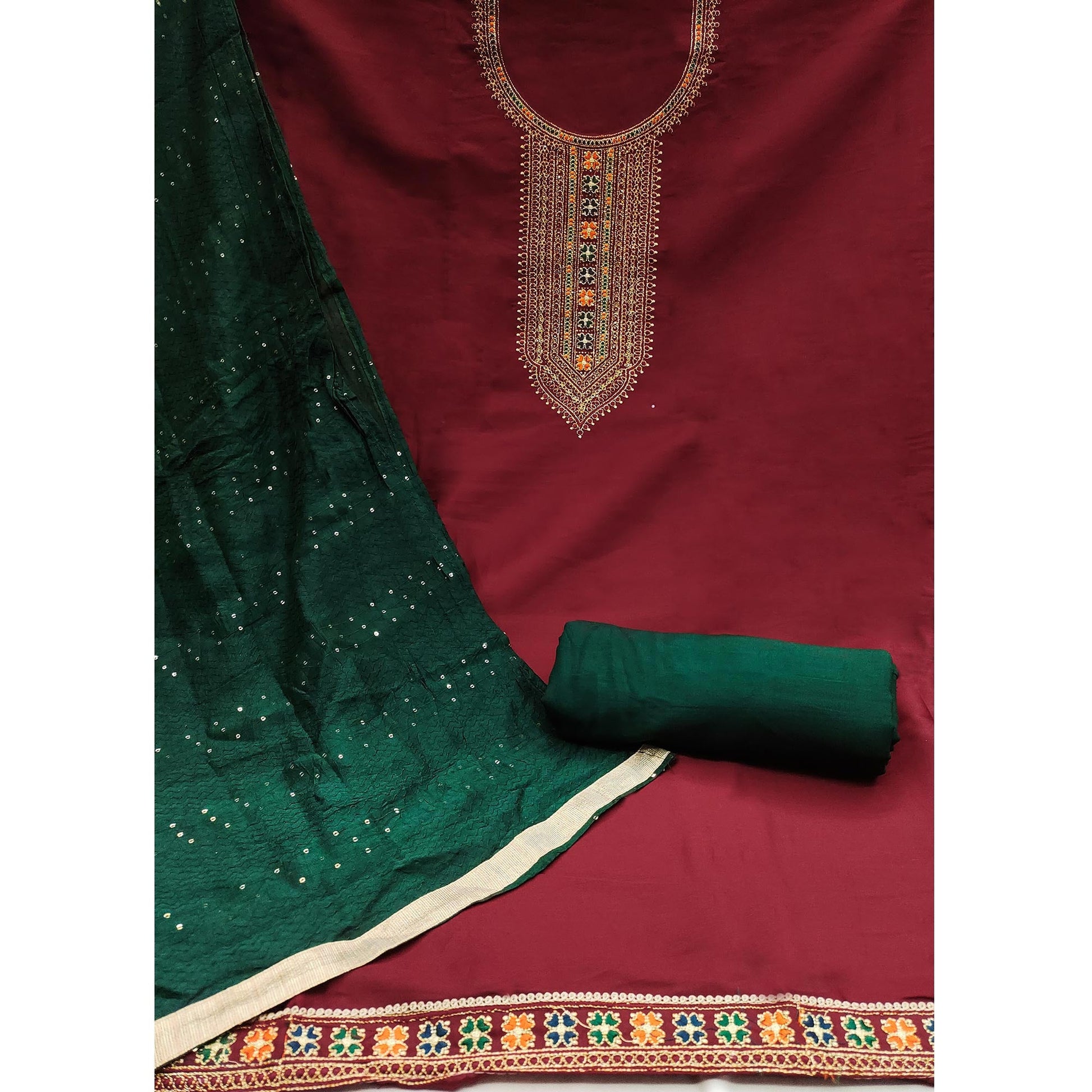 Maroon Embroidered Cotton Silk Dress Material