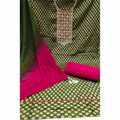 Mehandi Green Butti Design Woven Jacquard Dress Material