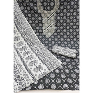 Grey Printed With Embroidered Pure Cotton Dress Material