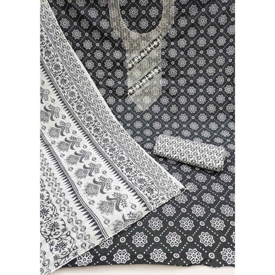 Grey Printed With Embroidered Pure Cotton Dress Material