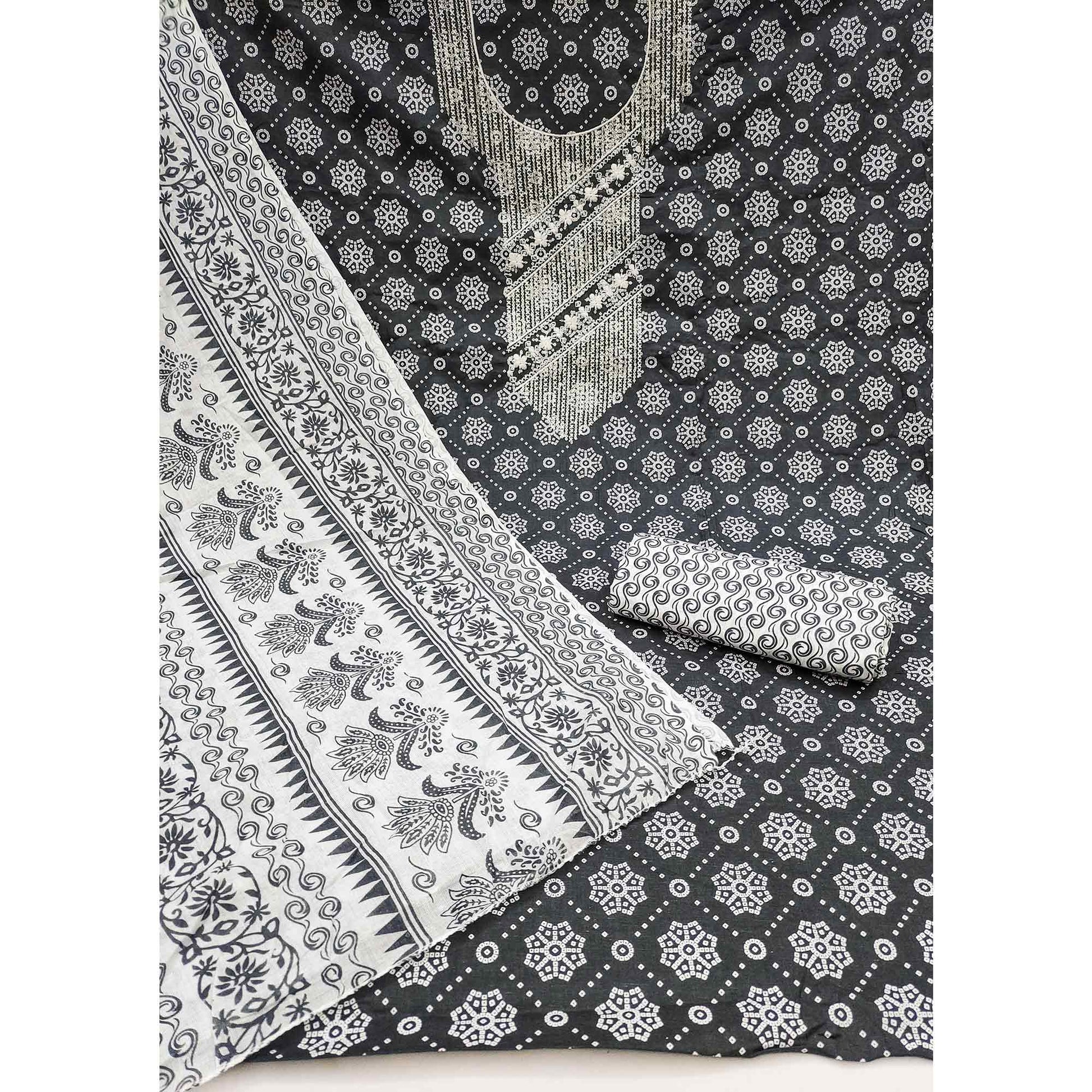 Grey Printed With Embroidered Pure Cotton Dress Material