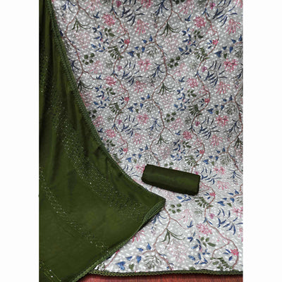 Grey Printed With Embroidered Georgette Dress Material