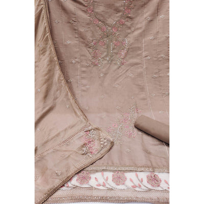 Brown Floral Sequins Embroidered With Stonework Roman Cotton Silk Dress Material