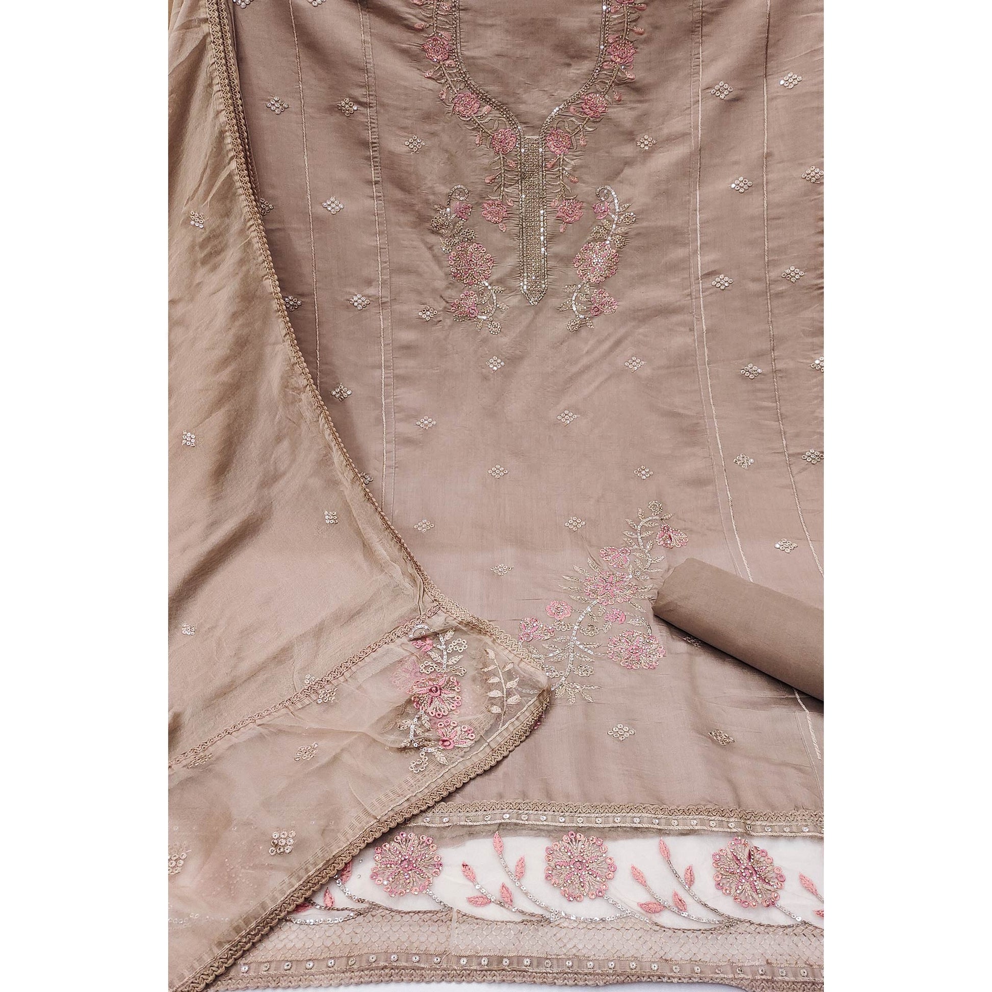 Brown Floral Sequins Embroidered With Stonework Roman Cotton Silk Dress Material