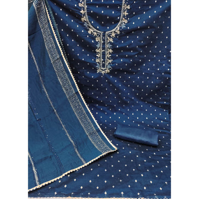 Blue Woven With handwork Chanderi Modal Dress Material