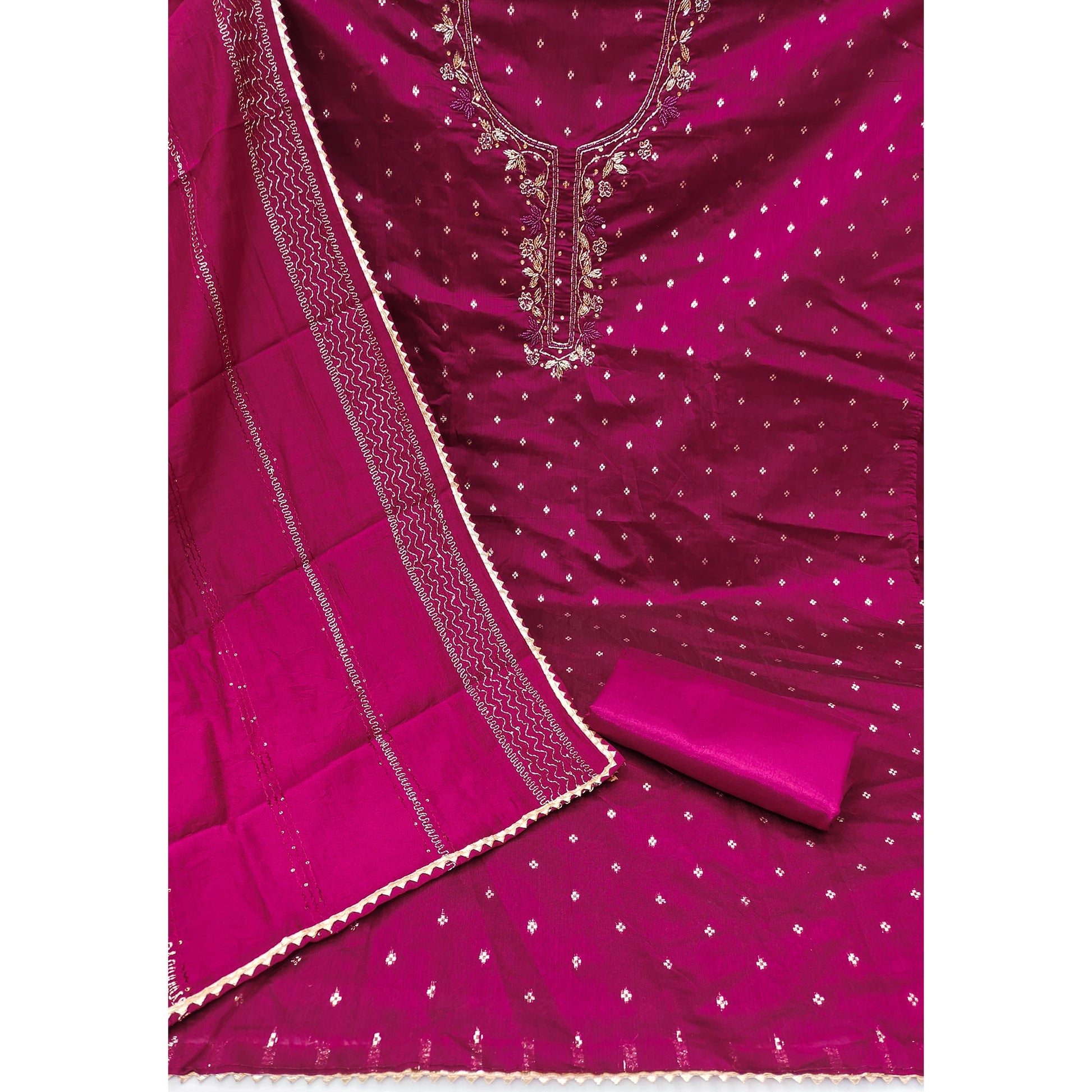 Magenta Woven With handwork Chanderi Modal Dress Material