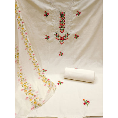 Cream Floral Embroidered Pure Cotton Dress Material
