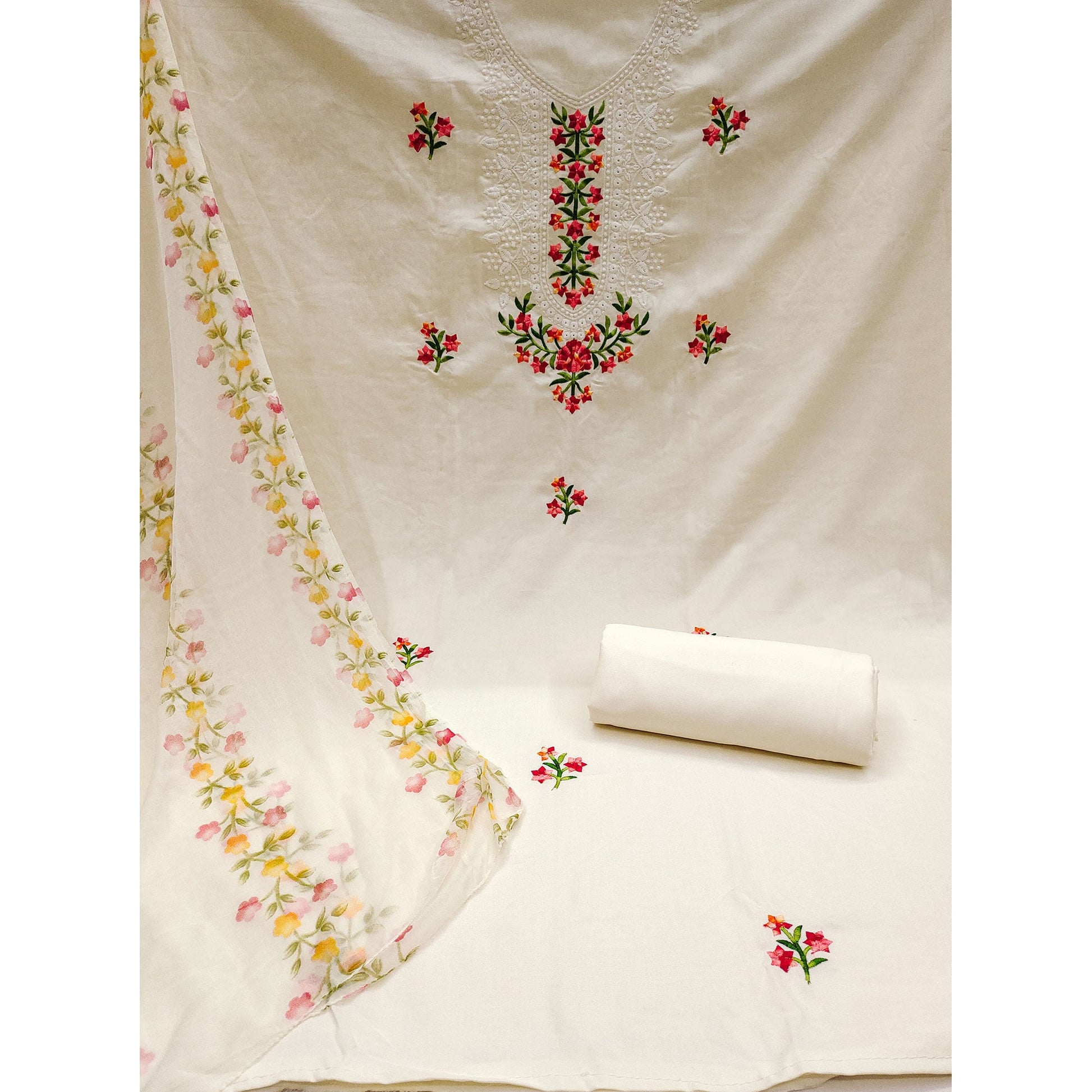 Cream Floral Embroidered Pure Cotton Dress Material