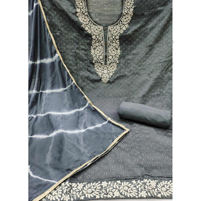 Grey Printed With Embroidery Pure Cotton Dress Material