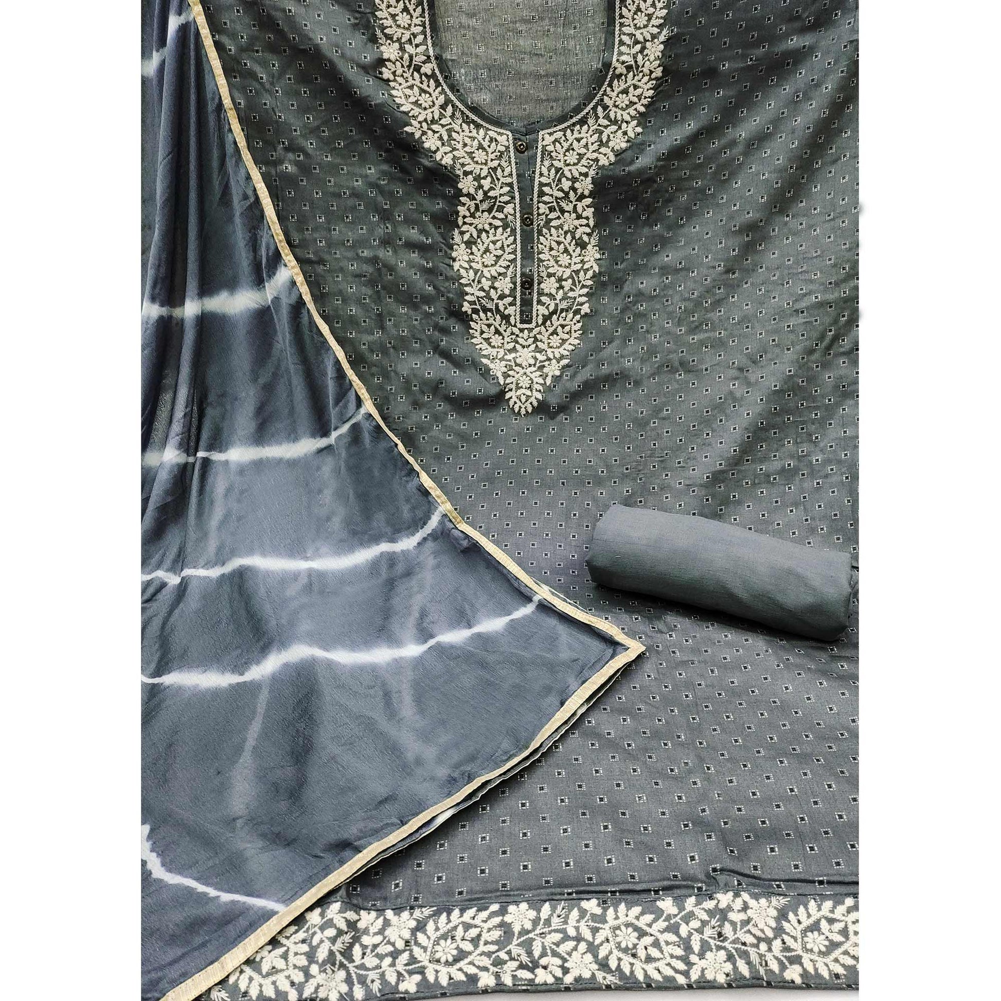 Grey Printed With Embroidery Pure Cotton Dress Material