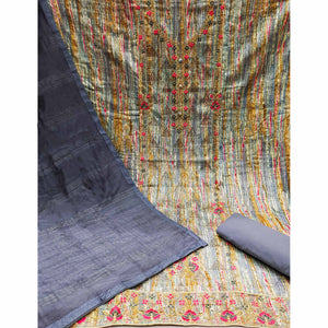 Grey Printed With Embroidered Pure Cotton Dress Material