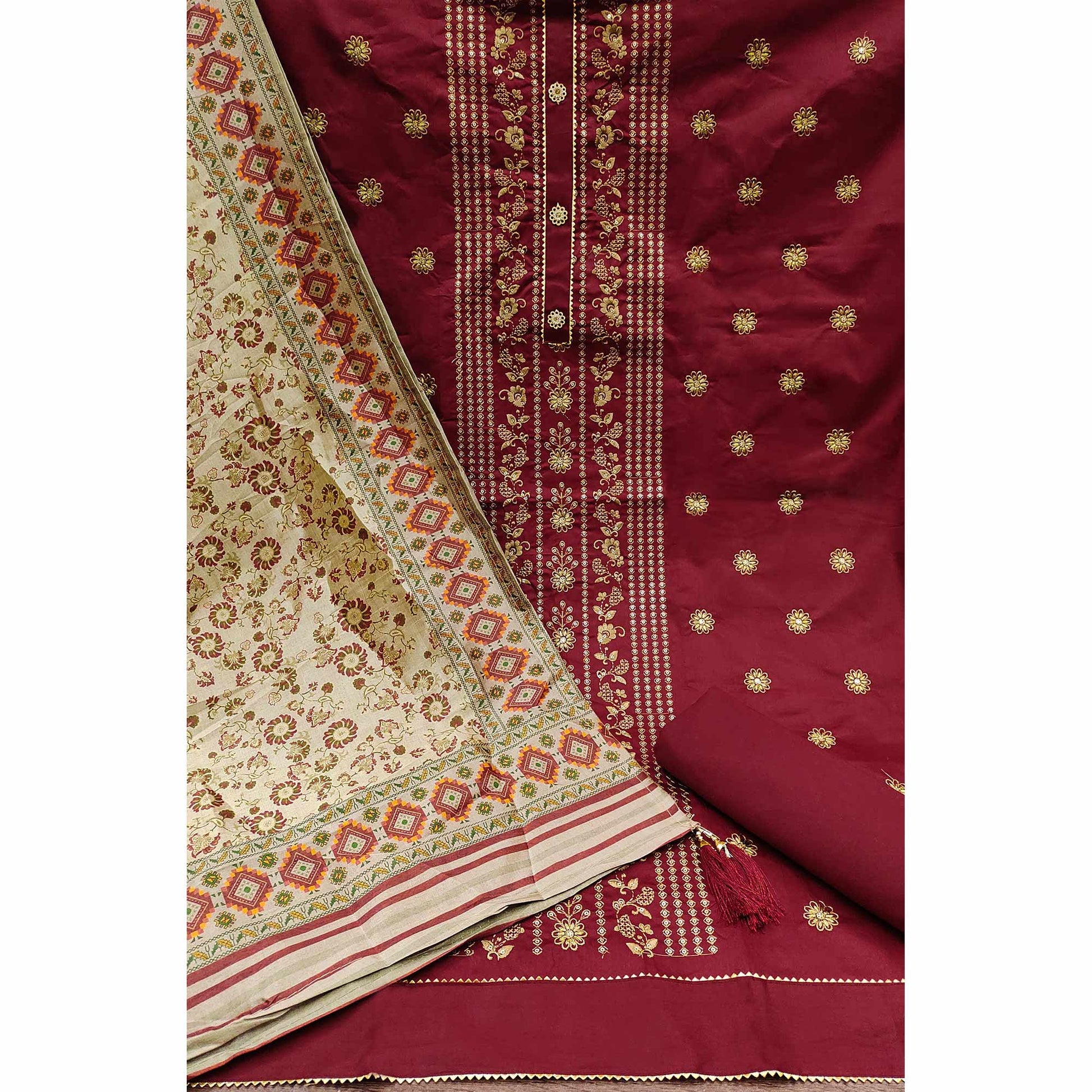 Maroon Floral Embroidered Cotton Silk Dress Material