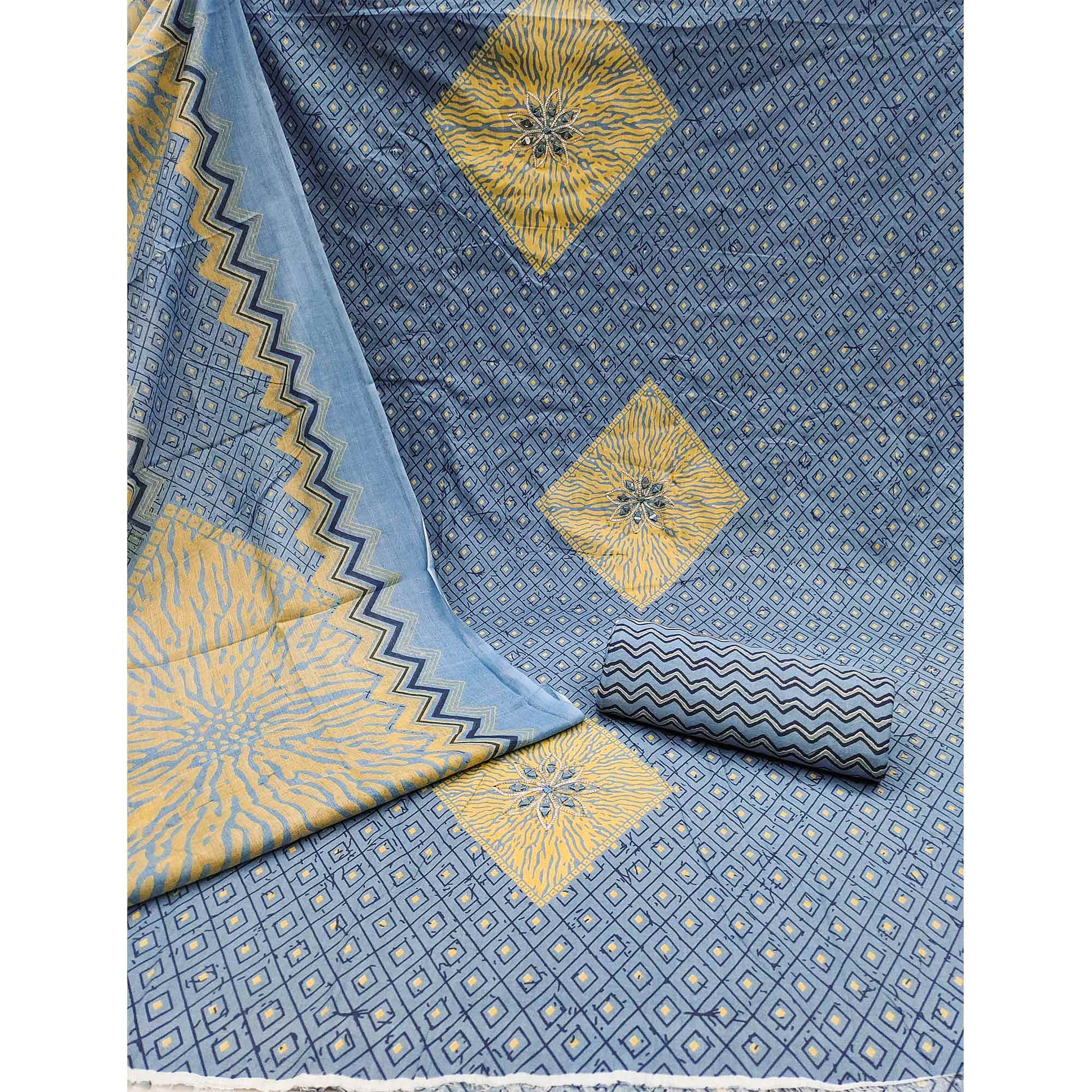 Grey Printed With Embroidered Pure Cotton Dress Material