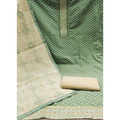 Dusty Green Butti Work Woven Chanderi Silk Dress Material