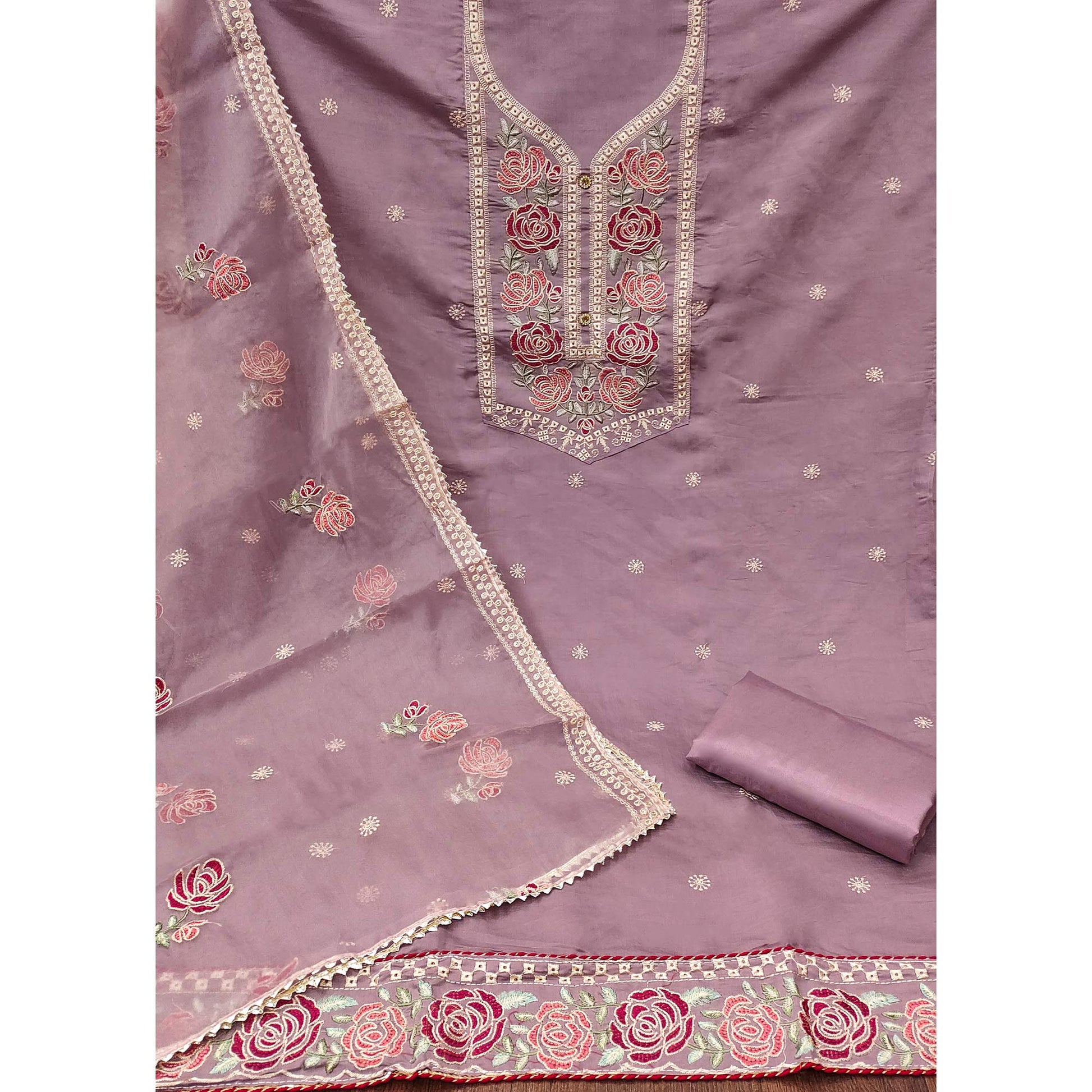 Mauve Floral Embroidered Cotton Blend Dress Material